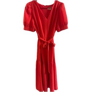 Harper Rose Women's Coral Belted Puffed Sleeve V Neck Midi Dress Size 4